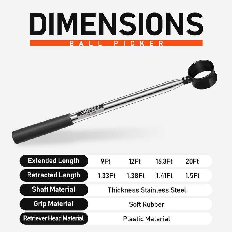 VIMPSEY Golf Ball Retriever Telescopic for Water, 9Ft/12Ft/16.3Ft/20Ft Stainless Steel Golf Ball Retriever, Professional Golf Ball Retriever - Image 4